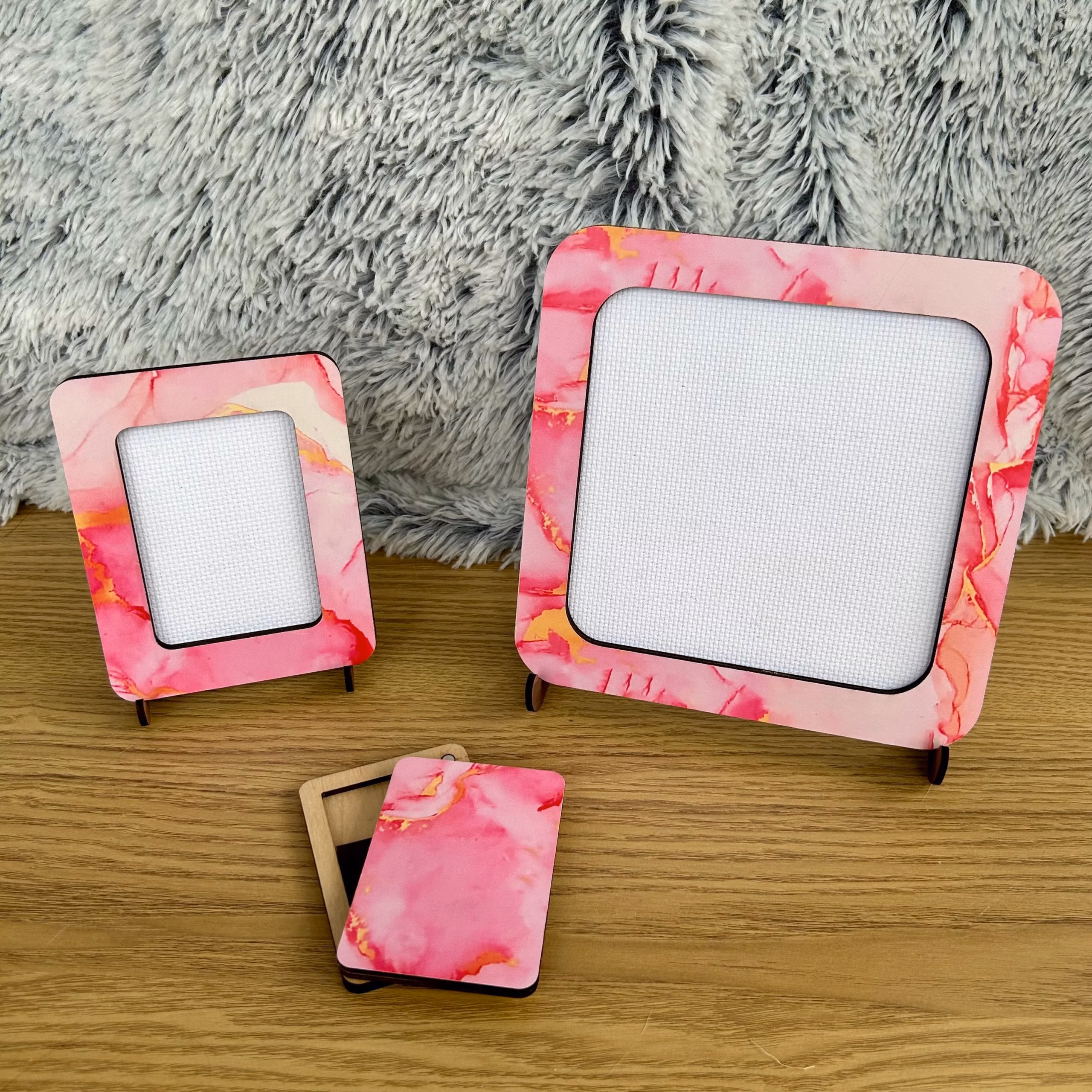 Pink Patterned magnetic cross stitch frame, stands and matching needle case are available